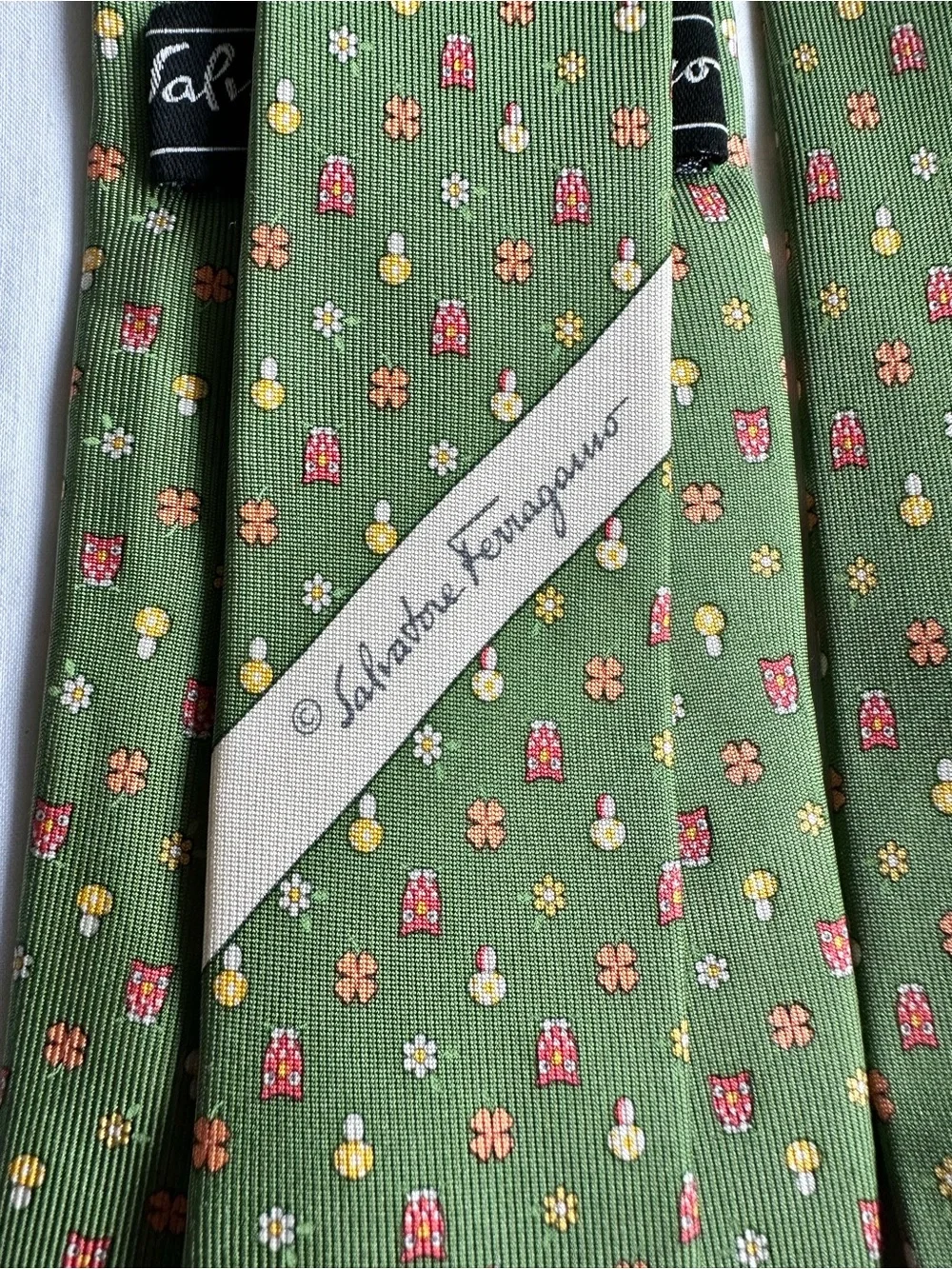 Salvatore Ferragamo Green Tie with Pink and Yellow Owl & Mushroom Micro Motif